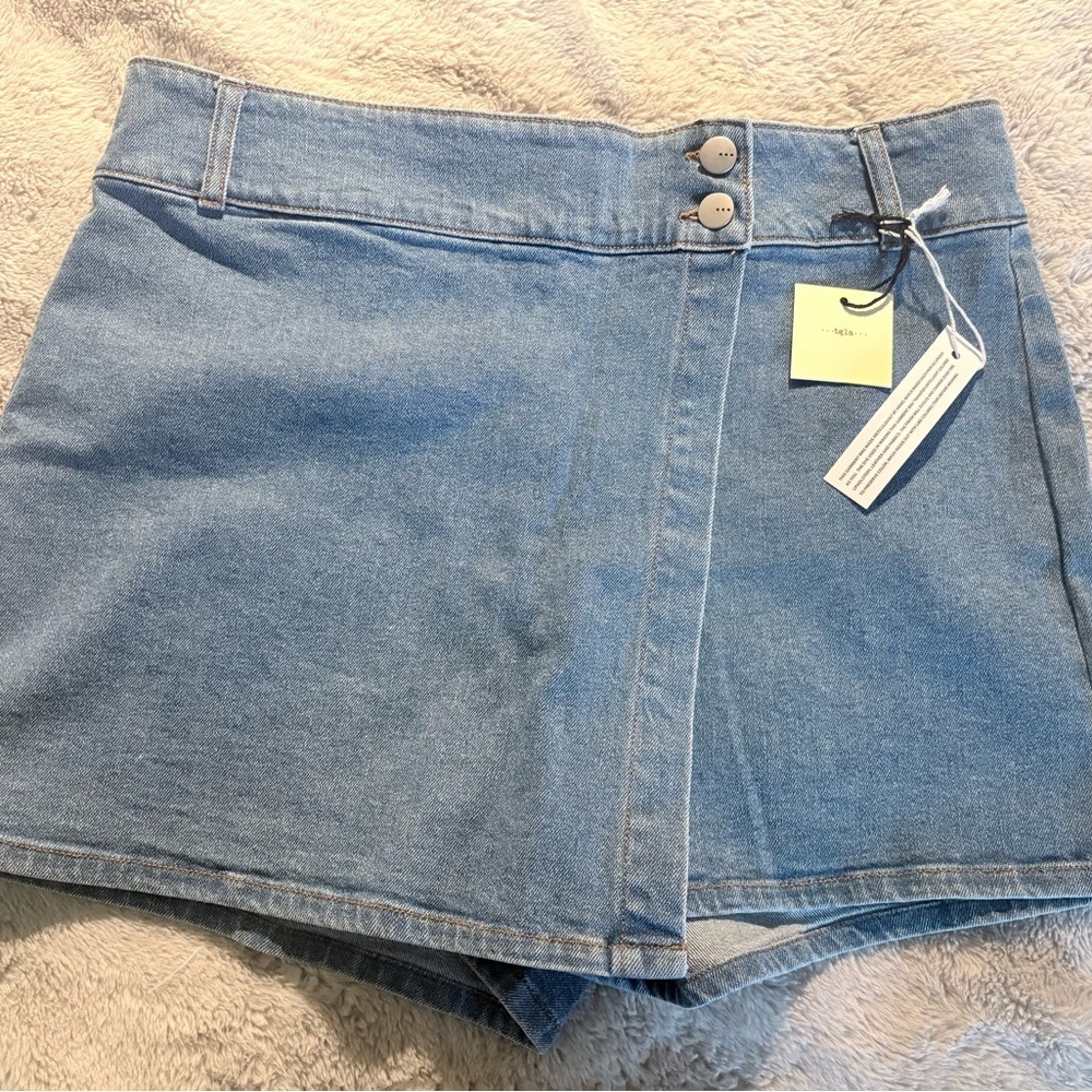 Denim Skort, High Waist Button Front Stretch, Light Wash, tgla Size XL NWT - Picture 2 of 5